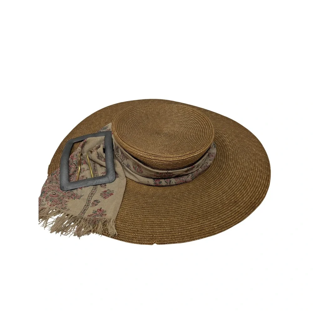 Vintage Wide Brim Straw Sun Hat Floral‎ Scarf Large Buckle Detail Summer Beach